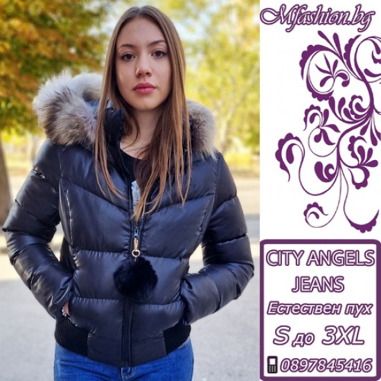 Дамско яке с естествен пух, City Angels Jeans, Черно, 6851